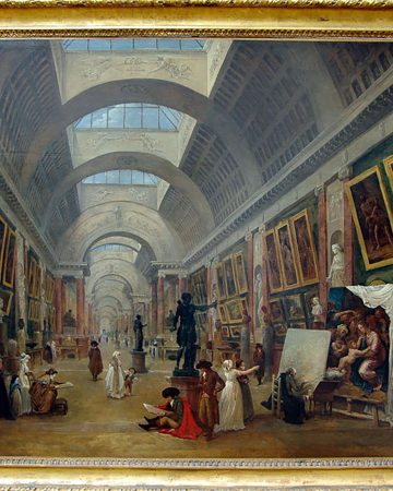 Hubert ROBERT - Paris, 1733-1808, Projet d'aménagement de la Grande Galerie du Louvre. 1796. Nommé en 1784 Garde du Muséum (le Louvre), l'artiste a laissé de nombreuses vues, réelles ou inventées, du musée en cours d'amménagement. Il a imaginé la Grande Gallerie telle qu'on la découvre aujourd'hui, avec sa segmentation en travée et son éclairage zénithal.