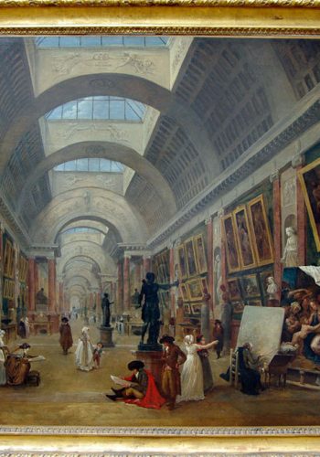 Hubert ROBERT - Paris, 1733-1808, Projet d'aménagement de la Grande Galerie du Louvre. 1796. Nommé en 1784 Garde du Muséum (le Louvre), l'artiste a laissé de nombreuses vues, réelles ou inventées, du musée en cours d'amménagement. Il a imaginé la Grande Gallerie telle qu'on la découvre aujourd'hui, avec sa segmentation en travée et son éclairage zénithal.