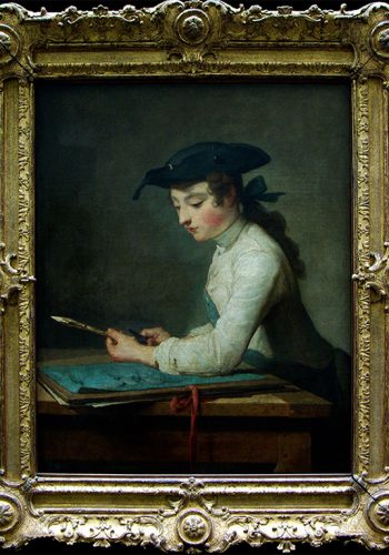 Jean-Siméon CHARDIN.Paris, 1699 - Paris, 1779. Le Jeune déssinateur 1737. Ce tableau fut exposé au salon de 1738, avec pour pendant une jeune ouvrière en tapisserie (disparu). Le jeune garçon évoque les figures immobiles et graves de Vermeer à qui on a souvent comparé Chardin, notamment dans ses recherches de matière.