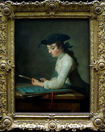 Jean-Siméon CHARDIN.Paris, 1699 - Paris, 1779. Le Jeune déssinateur 1737. Ce tableau fut exposé au salon de 1738, avec pour pendant une jeune ouvrière en tapisserie (disparu). Le jeune garçon évoque les figures immobiles et graves de Vermeer à qui on a souvent comparé Chardin, notamment dans ses recherches de matière.