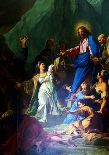 Jean JOUVENET. Rouen, 1644 - Paris, 1717. La Réssurrection de Lazare, 1706. Le sujet est raconté dans l'Evangile selon saint Jean (II,38-44): Marthe et Marie, les deux souers de Lazare mort depuis quatre jours, étaient venues se prosterner devant le Christ. Amené devant de sépulcre, celui-ci cria d'une voix forte: "Lazare, sours!", et le mort se leva, les pieds et les mains liés et le visage couvert d'un suaire.